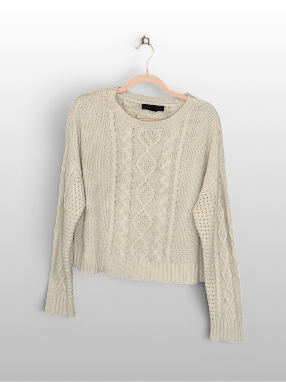 Sanctuary Cable Knit Sweater Womens L Cream Cropped Cozy Chunky Knit